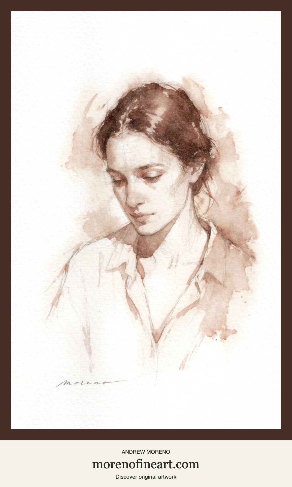 Soft Reverie, sepia watercolor female portrait by Andrew Moreno