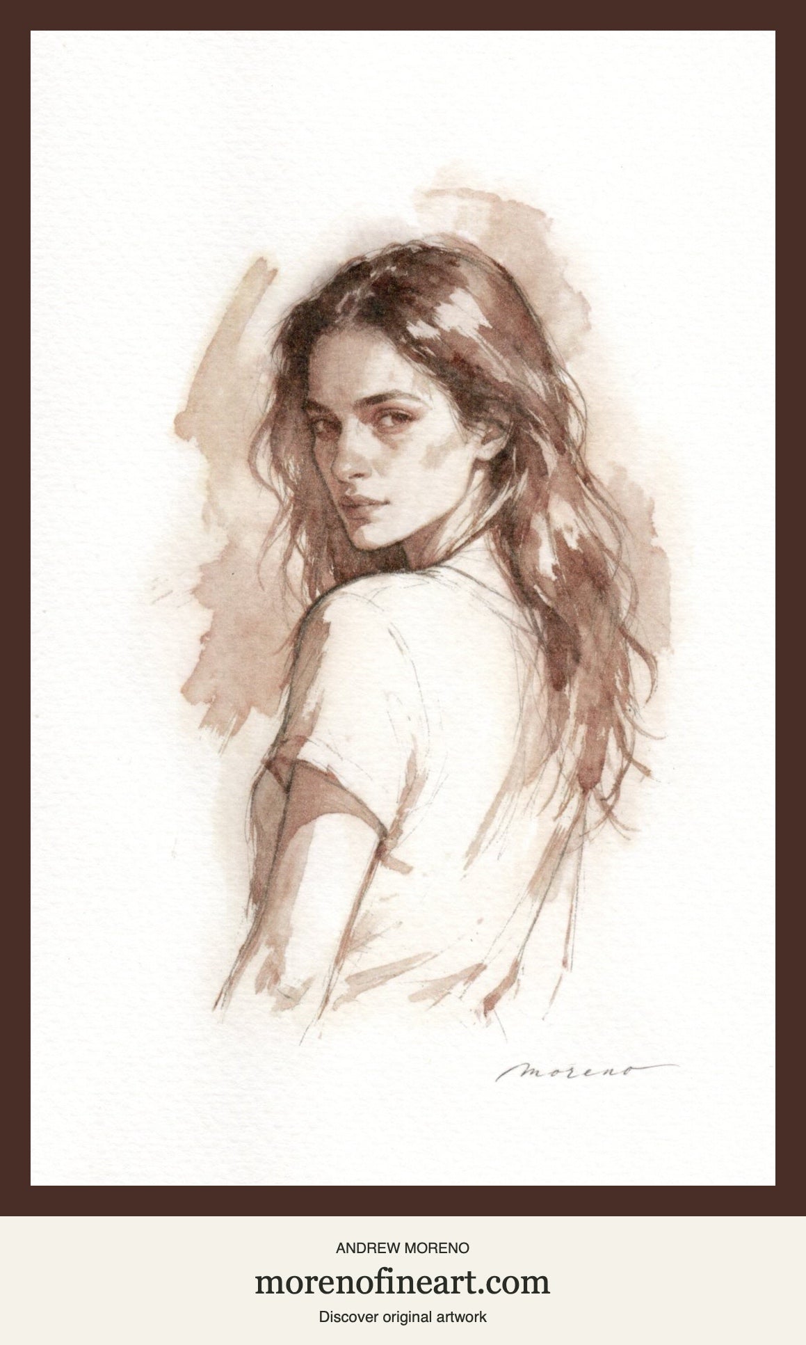 A Backward Glance, sepia watercolor female portrait by Andrew Moreno