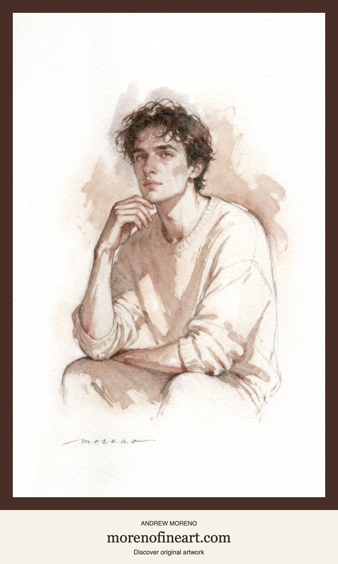 The Thoughtful Hour, sepia watercolor male portrait by Andrew Moreno