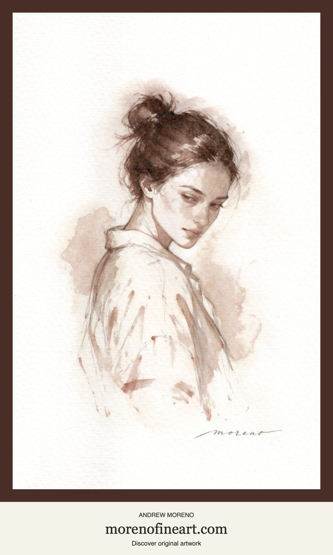 Turning Toward You, sepia watercolor female portrait by Andrew Moreno