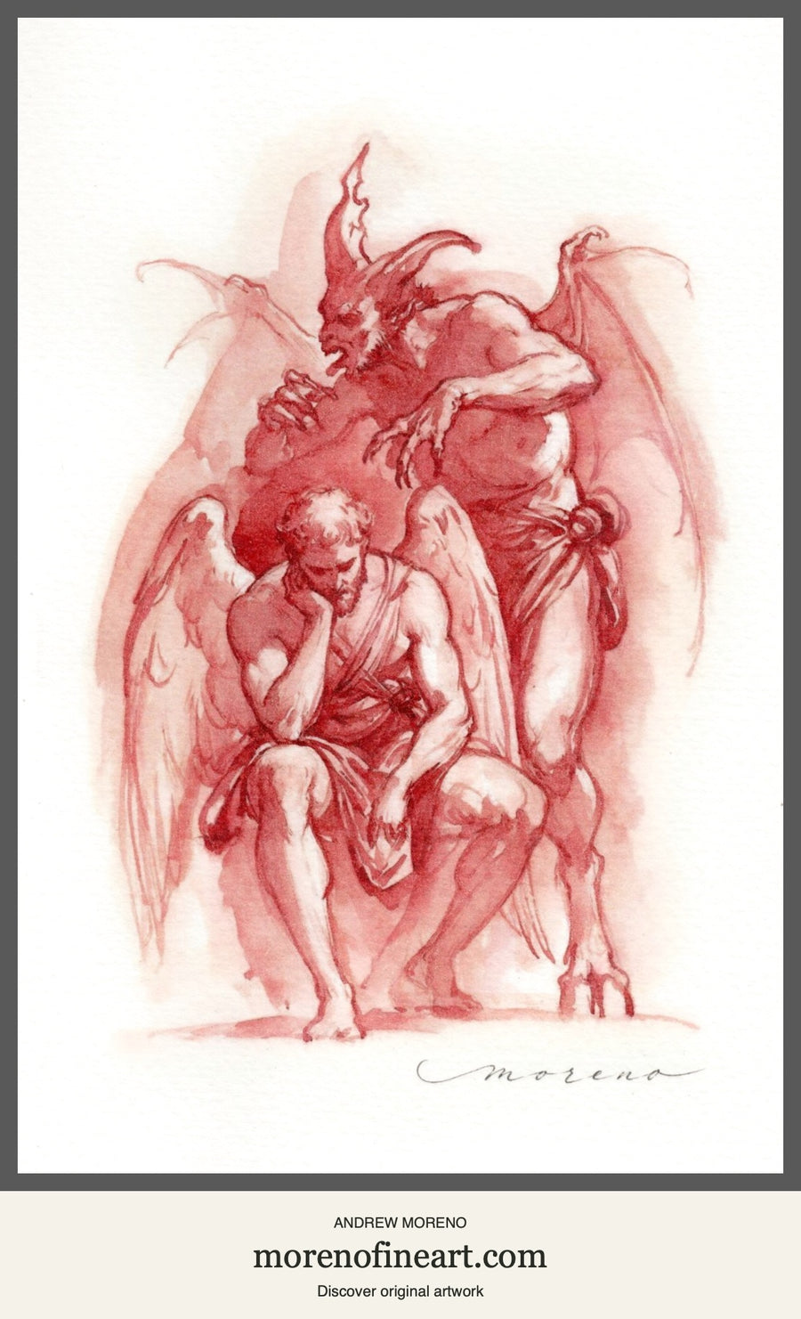 The Argument Within — original blood-red watercolor with pen and ink by Andrew Moreno