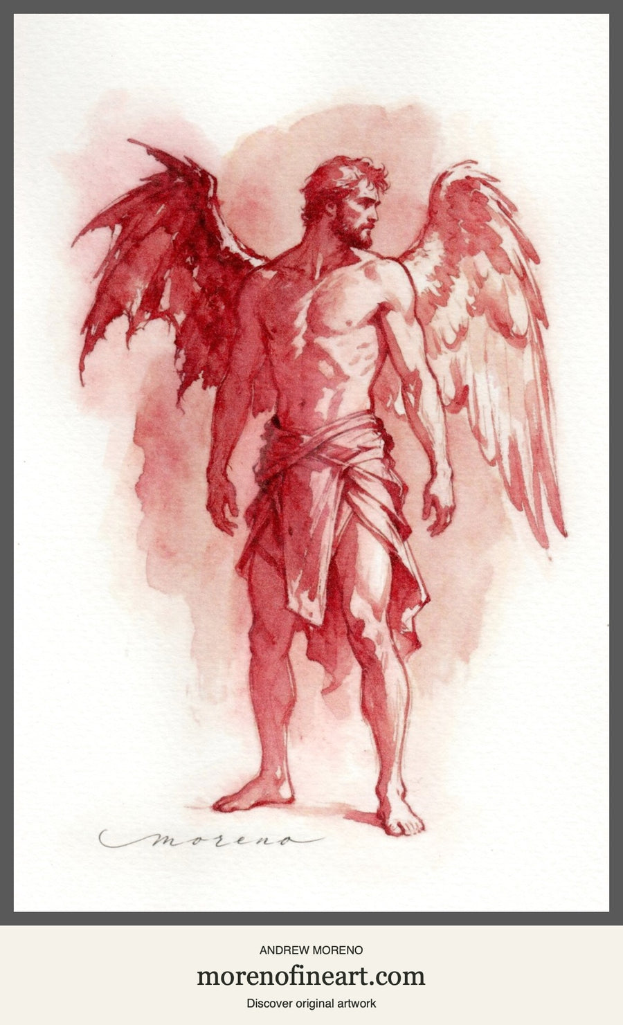 Between Mercy and Desire — original blood-red watercolor with pen and ink by Andrew Moreno