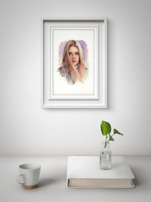 5.5x8.5 book page featuring a portrait of a woman in pink-blonde hair, set against a plain light-colored wall.