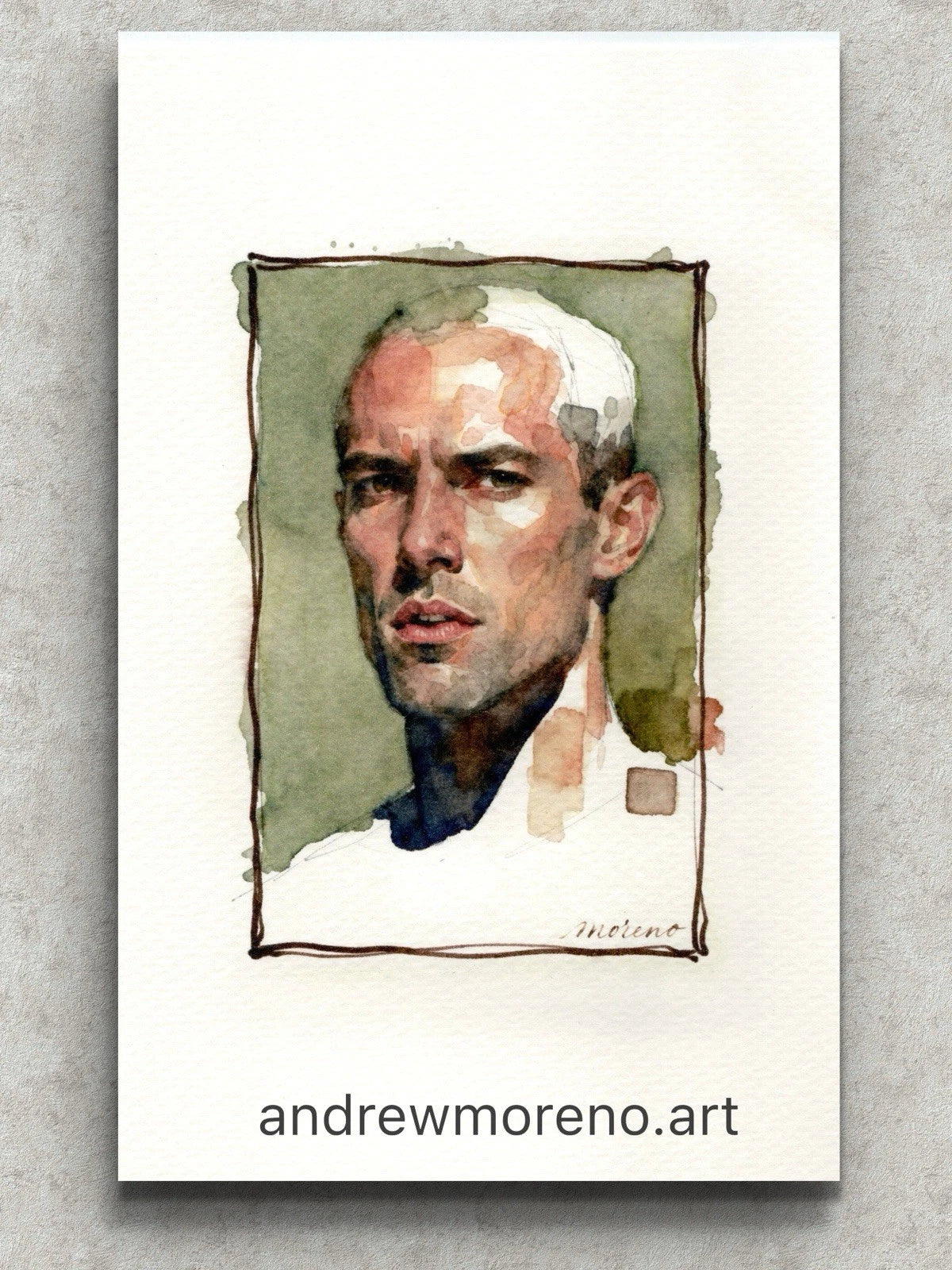 5.5 × 8.5 inch watercolor painting of a bald man in a white suit with green accents, signed “Andrew Moreno.art.”