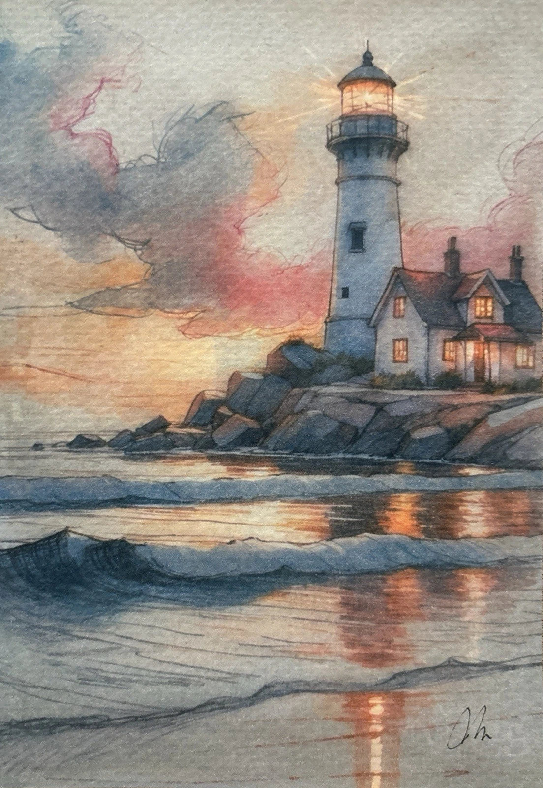 Lighthouse and coastal property at sunset with clouds, titled “Original Watercolor Painting” in white text at bottom.