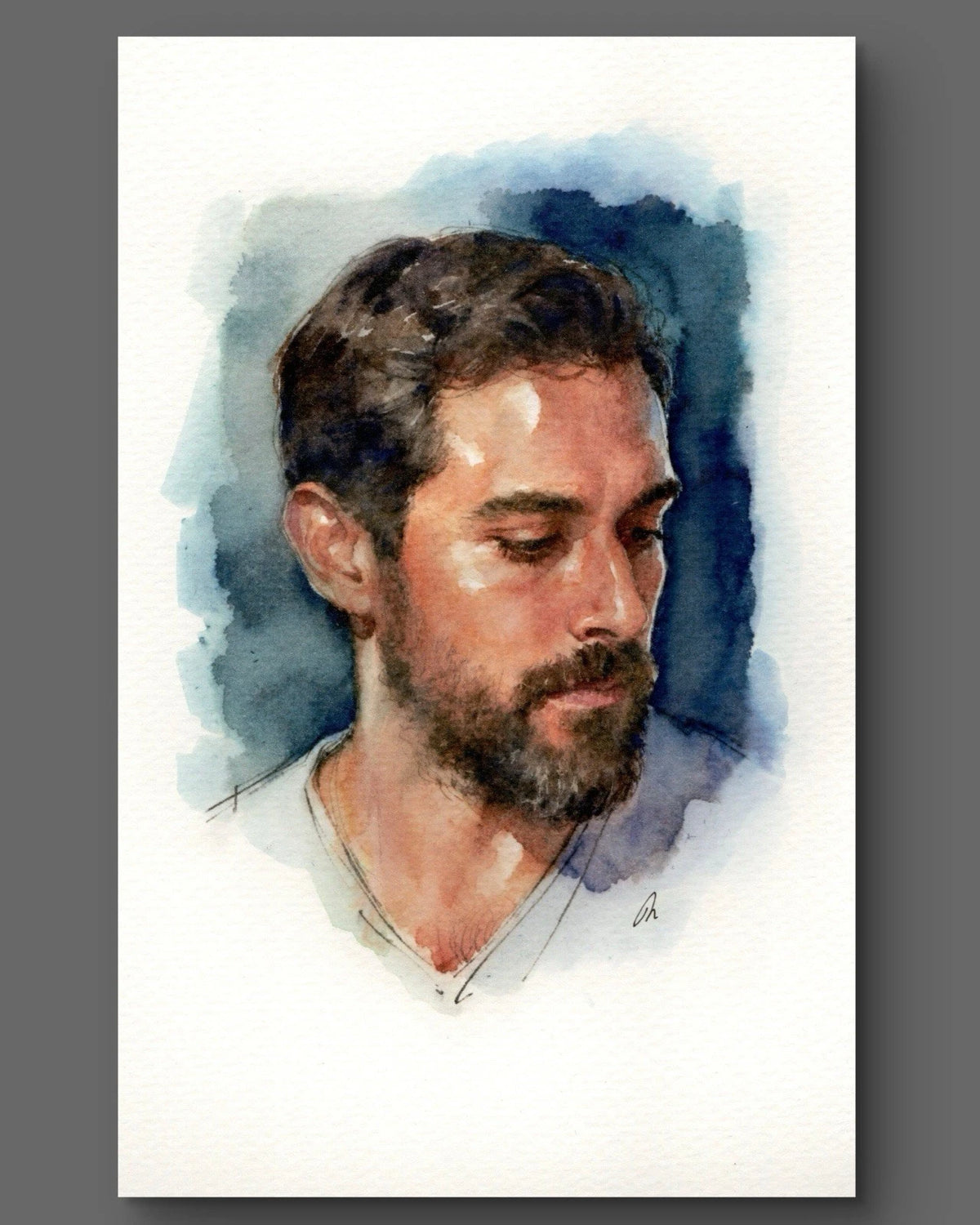 Watercolor painting of a man with dark brown hair, wearing a white shirt, over a blue background, 5.5 × 8.5 inches.