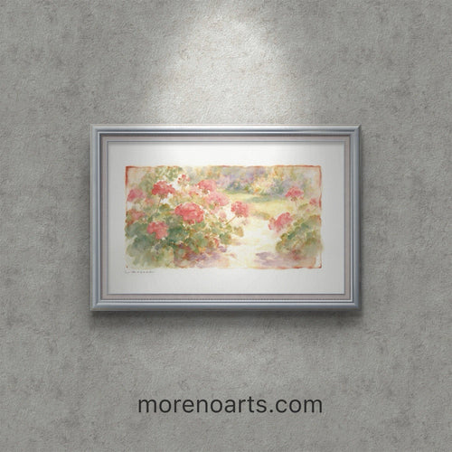 Framed watercolor painting of pink geraniums in a garden path, silver frame, 5.5x8.5 size, morenoarts.com.