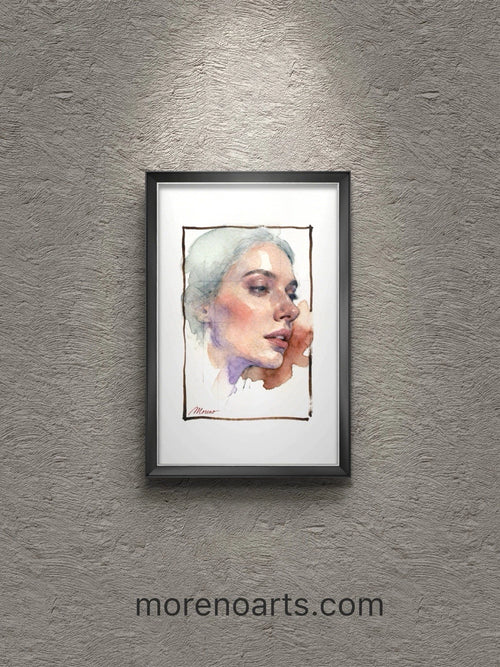 Light gray-blonde female figure in watercolor-style portrait, framed by black, on textured gray wall.