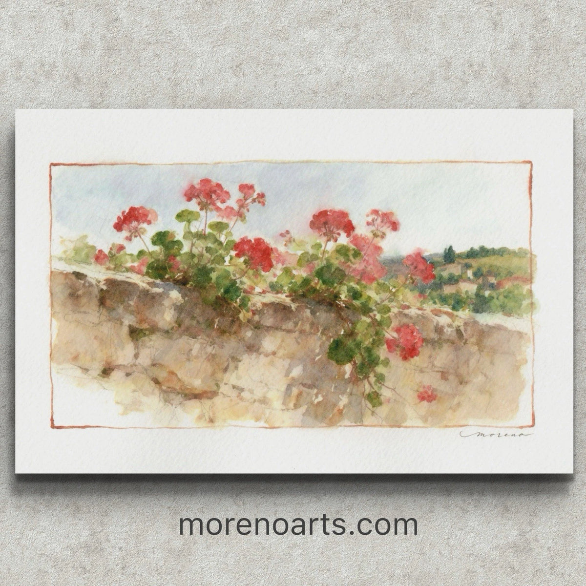 Pink geraniums in green leaves along a stone wall on watercolor paper, with birds and trees in the background.