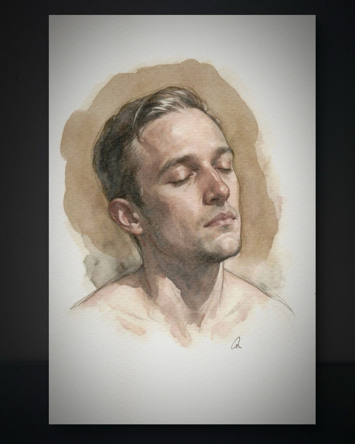 Male figure in watercolor painting, 5.5 × 8.5 inches, with closed eyes and tan skin tones on a light background.