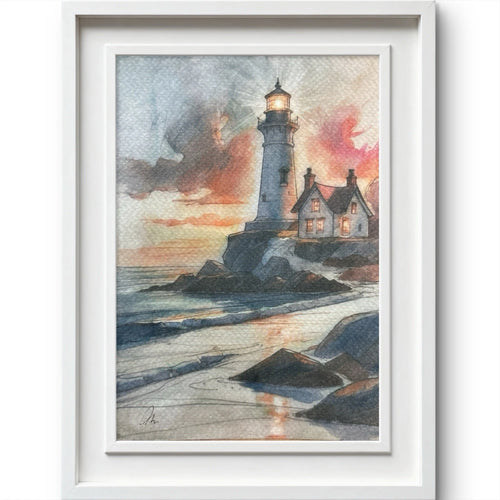 Lighthouse and coastal cottage in watercolor painting, size 5x7 inches, with clouds at sunset sky and ocean waves.