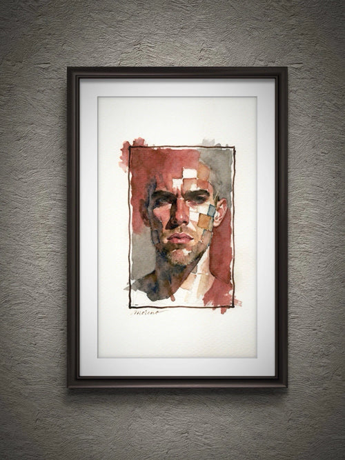 5.5 × 8.5 inch watercolor painting of a male figure with red and gray square sections of his face, framed by dark border.