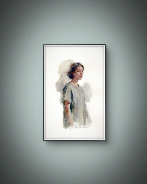 5.5x8.5 book page featuring a watercolor-style portrait of a winged figure in a loose, neutral outfit.