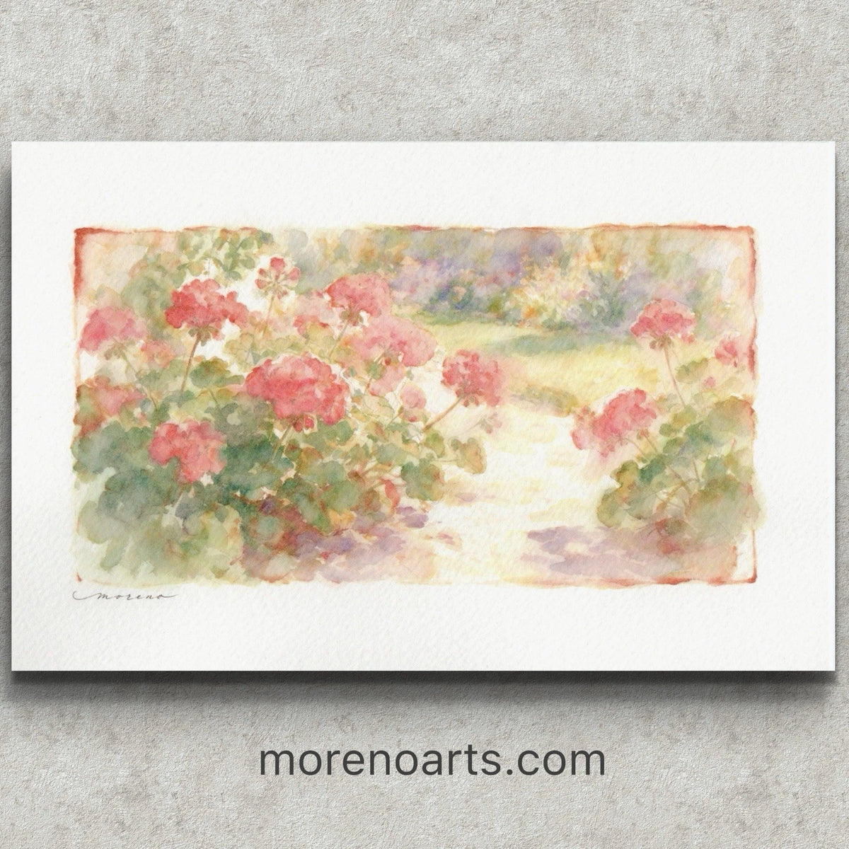 White 5.5x8.5 watercolor painting of pink geraniums in a garden path, with green leaves and a sense of peacefulness.