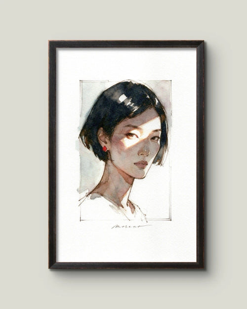 Black-haired Asian female figure in white clothing with red earrings, set in a light-framed watercolor-style portrait.