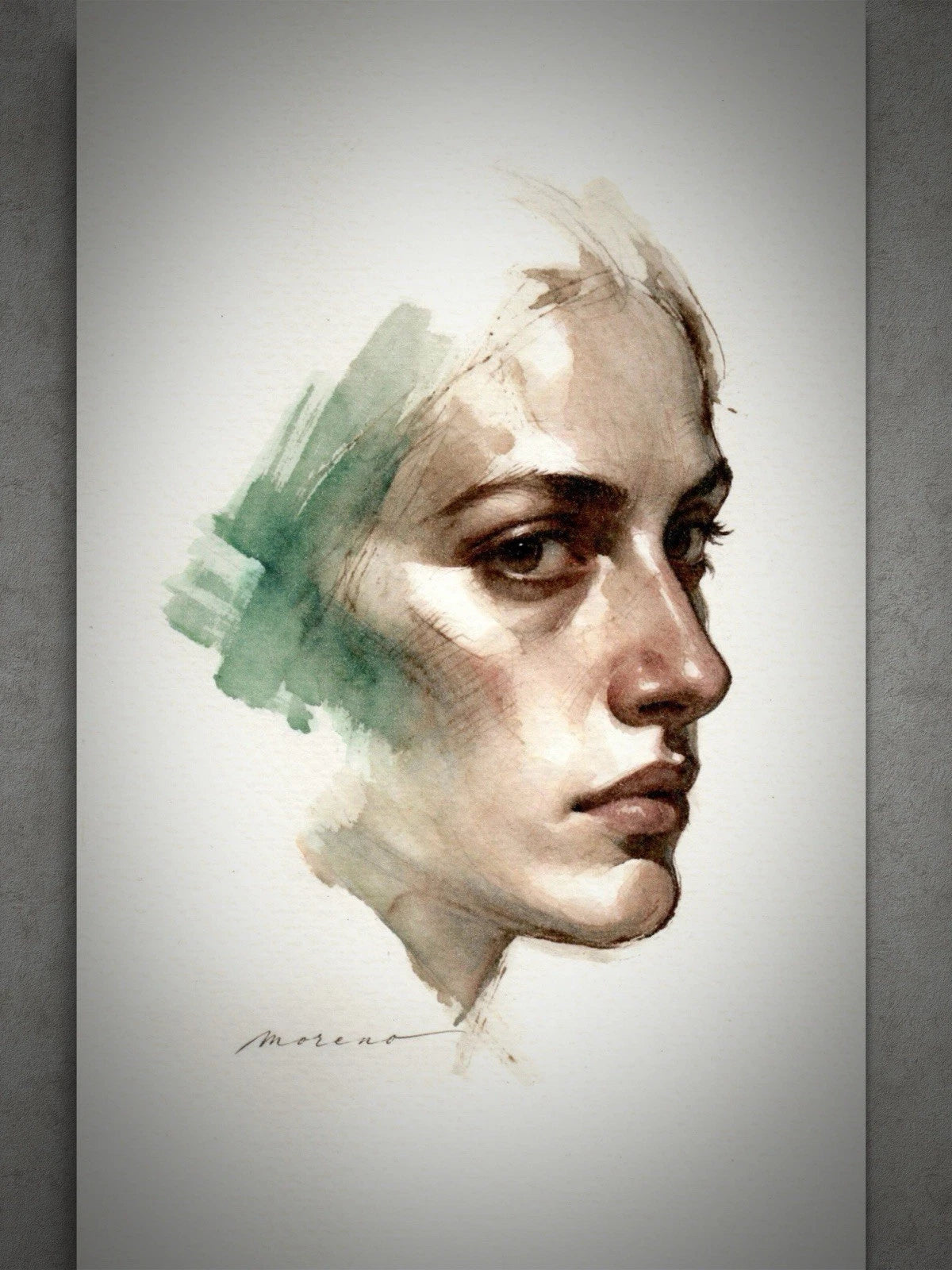Green-haired female figure in watercolor-style portrait, 5.5x8.5 book page with artist’s signature in lower right.