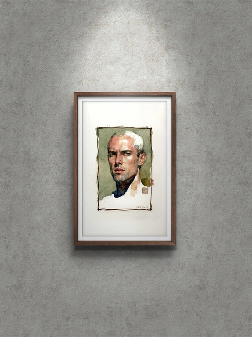5.5 × 8.5 inch watercolor painting of a seated male figure in a light green robe against a plain gray wall.