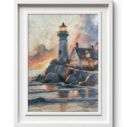 Lighthouse and coastal cottage in watercolor painting, size 5x7 inches, framed by white with textured water surface.