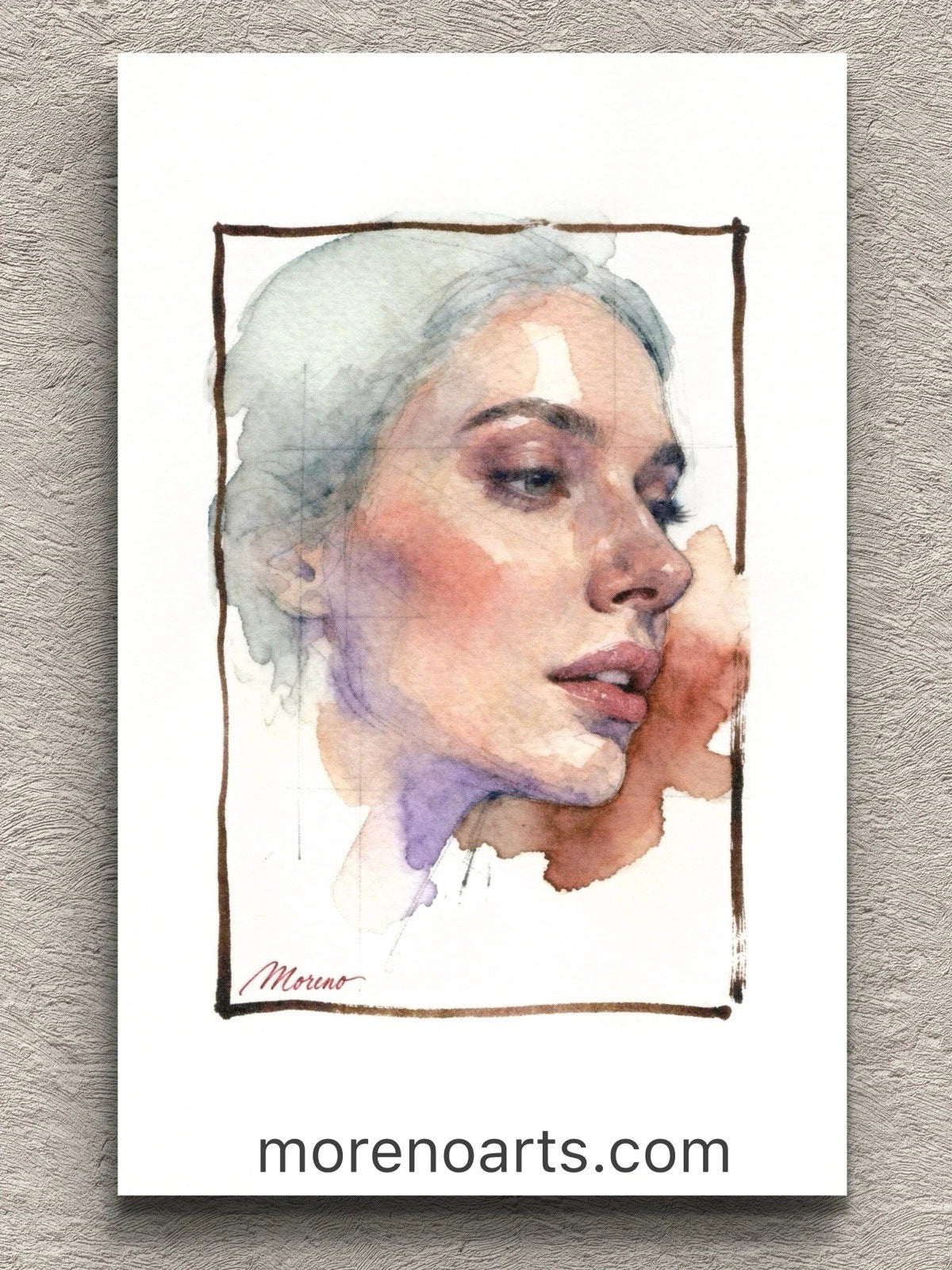5.5x8.5 book page featuring a blue-haired figure in soft pink tones, with “Morenoarts.com” text at bottom.