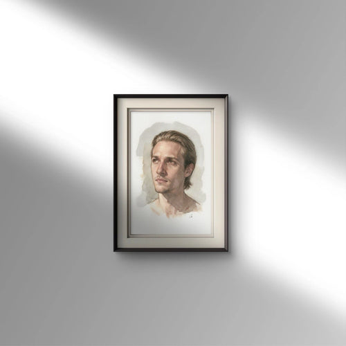 5.5 × 8.5 inch watercolor painting of a man in a white shirt, black frame, against a plain light background.