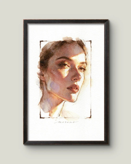 5.5x8.5 book page featuring a watercolor-style portrait of a woman in sunlight with a transparent rectangular frame.
