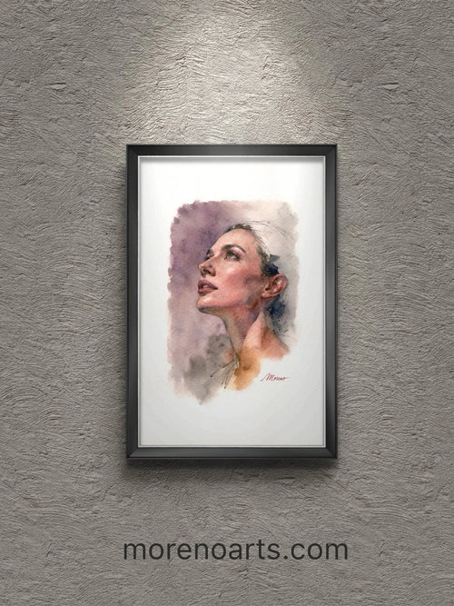 Black-framed portrait of a woman in white attire against a textured light gray wall, with “morenoarts.com” text at bottom.