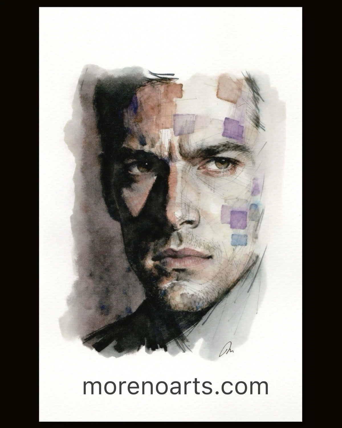 Watercolor painting of a man with square face patches in black, orange, and purple, on white background, 5.5 × 8.5 inches.