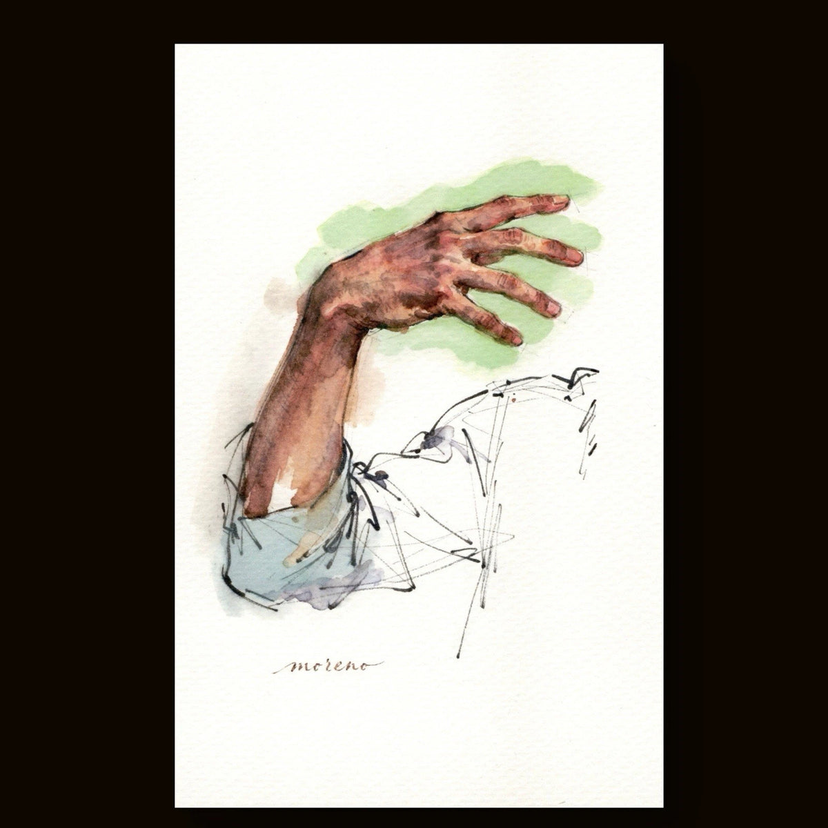 Hand in light blue shirt making green watercolor figure, 5.5 × 8.5 inches, with “sereno” text in lower right.