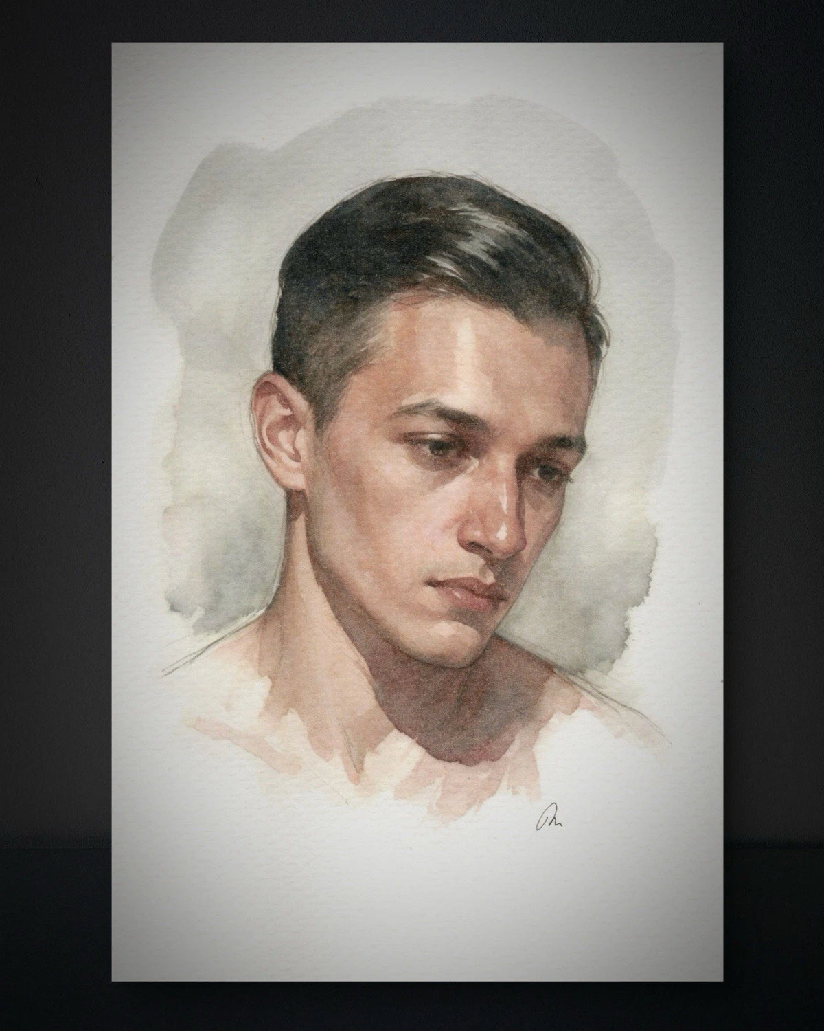 Male figure in watercolor painting, 5.5 × 8.5 inches, with painted hair and muted skin tones on white background.