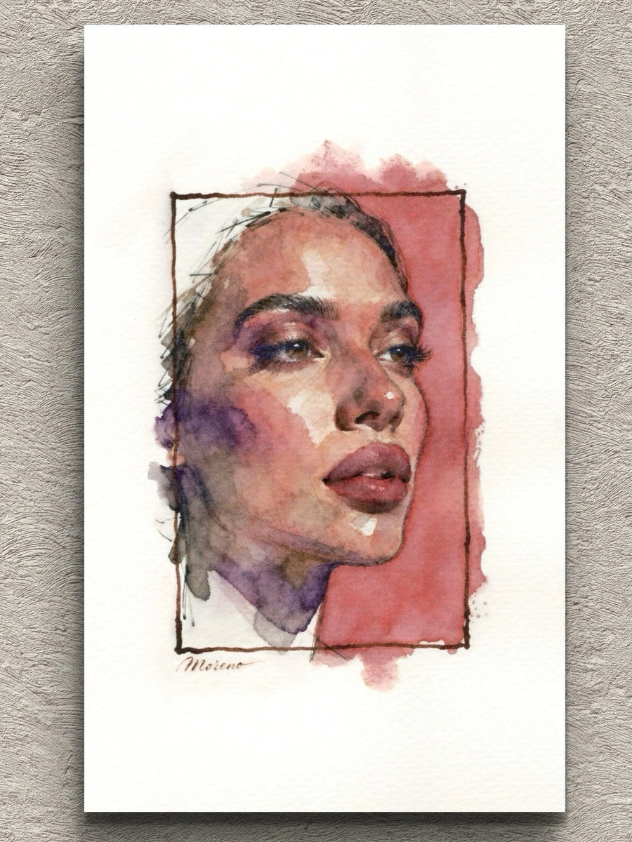 5.5x8.5 book page featuring a close-up portrait of a person in a red-lit frame with watercolor-style brushstrokes.