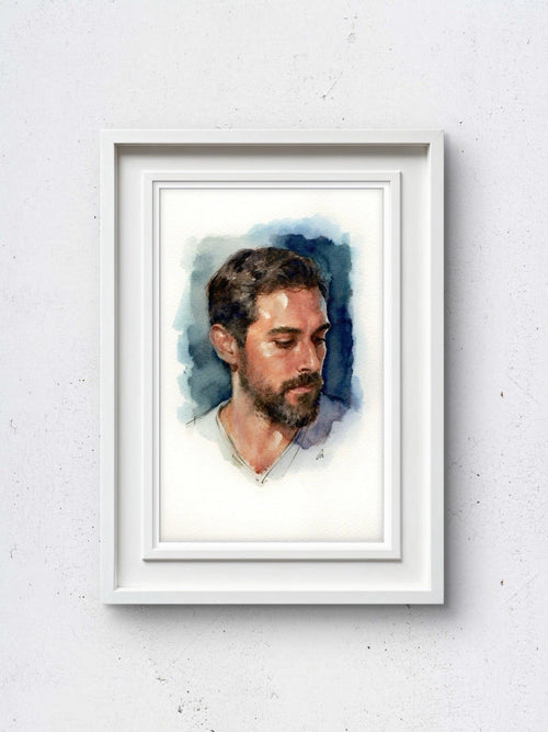 White-framed watercolor painting of a man in a light gray shirt against a dark blue background, 5.5 × 8.5 inches.