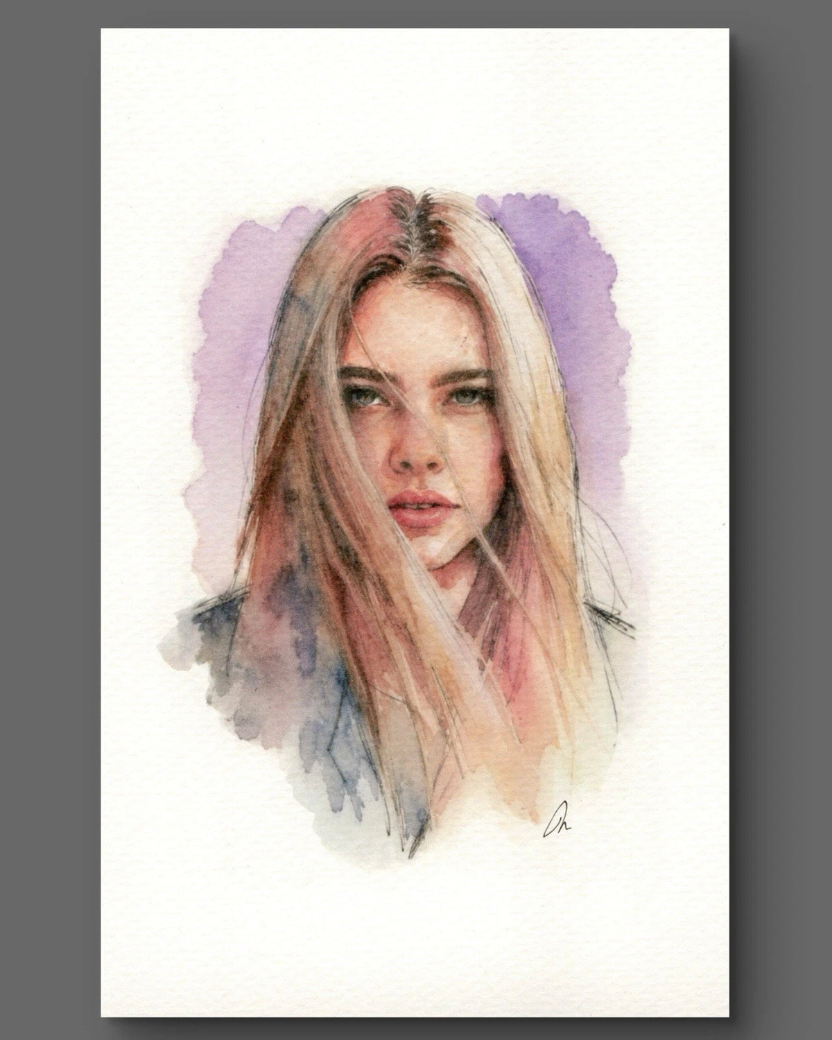 Blonde woman in flowing hair, white background, purple-pink watercolor blend, 5.5x8.5 book page size.
