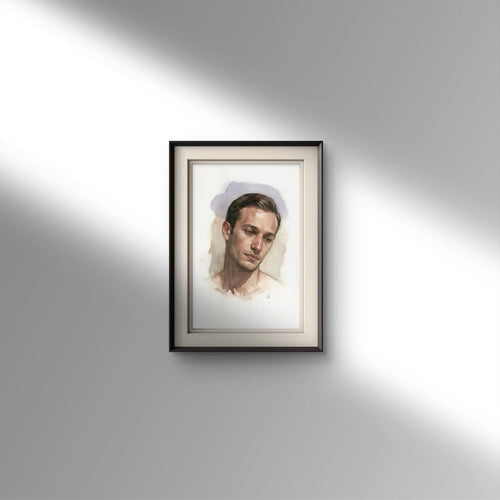 Black-framed watercolor painting of a man in a white shirt against a plain light background, 5.5 × 8.5 inches.