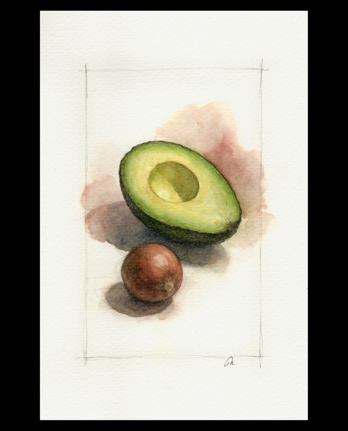 Quiet Balance, original avocado and pit watercolor by Andrew Moreno
