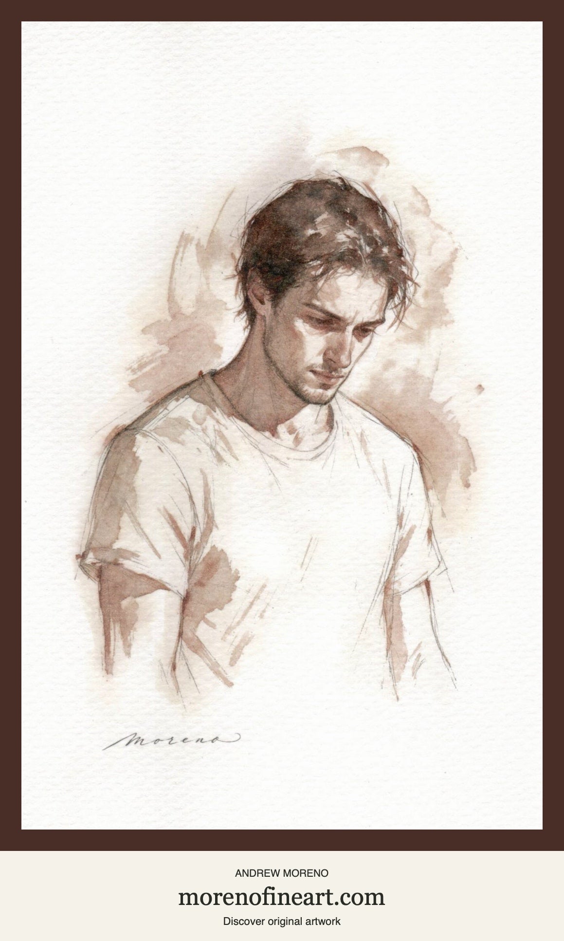 Quiet Resolve, sepia watercolor male portrait by Andrew Moreno
