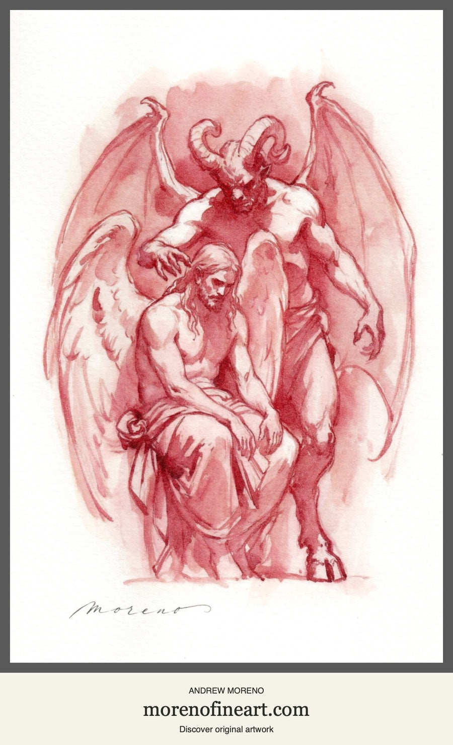 Beneath the Hand of Doubt — original blood-red watercolor with pen and ink by Andrew Moreno