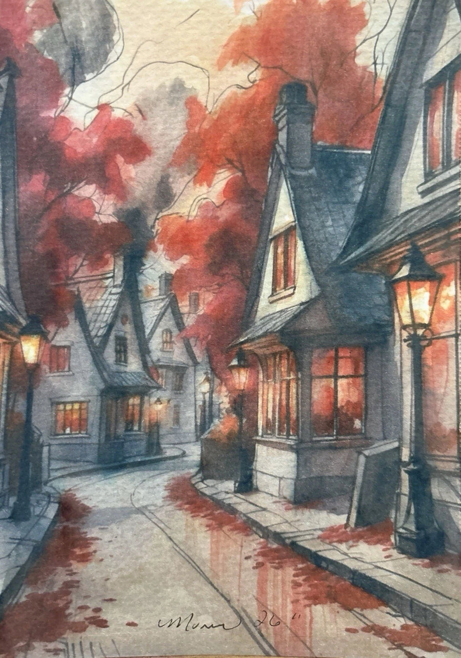 Cottages in red and orange watercolor painting with lit lanterns on a wet stone street, signed “Sebastian Pitt.”