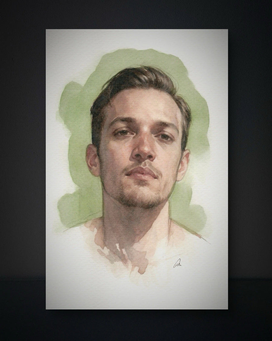 Male figure watercolor portrait book page with green-highlighted background, 5.5 × 8.5 inches.