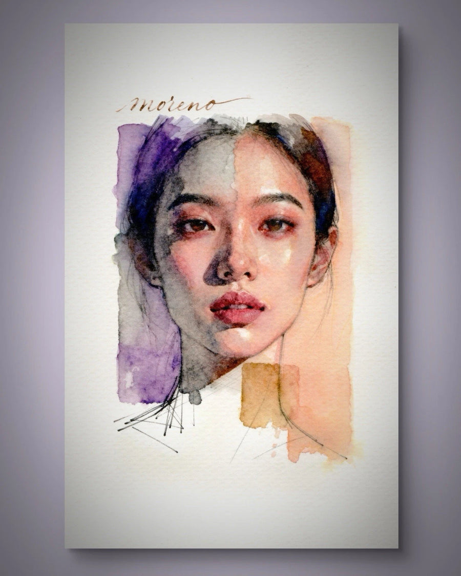 Asian female figure in watercolor, purple left side, orange right side, gold “Moreno” text.