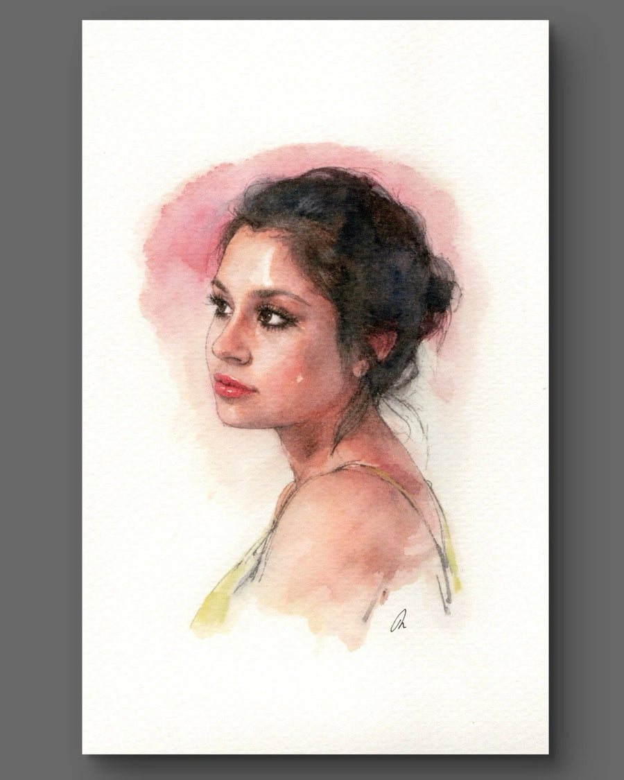 Original watercolor female figure portrait, 5.5x8.5 book page, featuring soft pink-gold foliage background and artist’s signature.