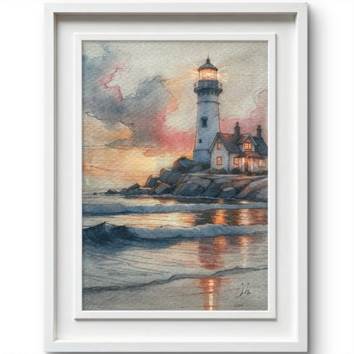 Lighthouse and coastal property in watercolor painting, size 5x7 inches, with clouds at sunset sky and ocean waves below.