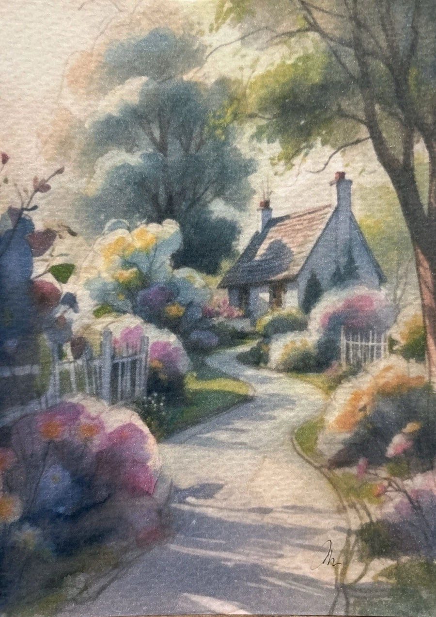 Cottage scene in watercolor with pink and yellow flowers, green bushes, and stone path.