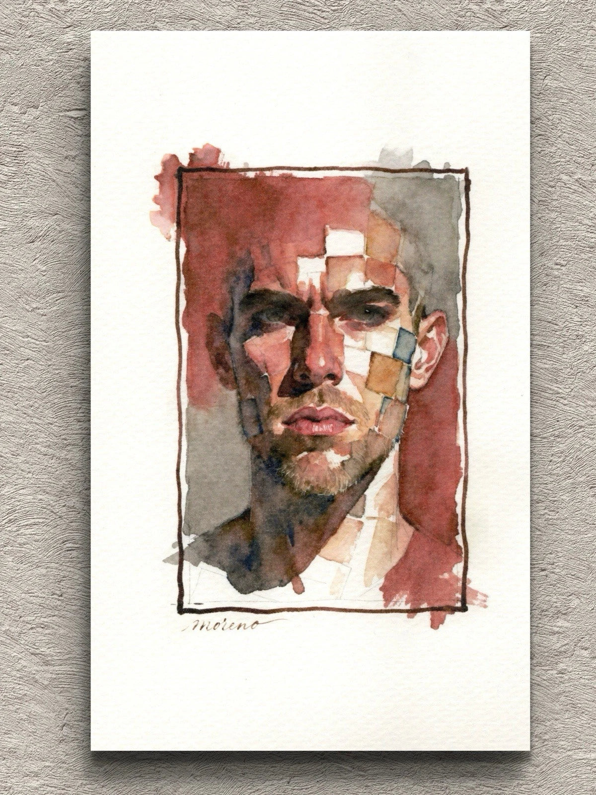 5.5 × 8.5 inch watercolor painting of a male figure with red, gray, and cream color block design and black hair silhouette.
