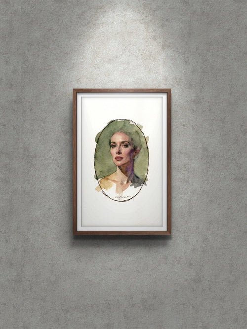 Green-haired figure in white dress with brown frame, set against a plain gray textured wall.