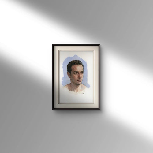 Black-framed watercolor painting of a man in a light blue robe against a plain gray background, 5.5 × 8.5 inches.