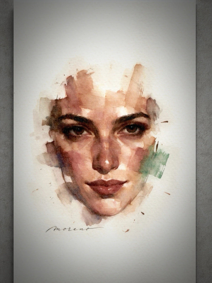 5.5x8.5 book page featuring a watercolor-style portrait of a woman in brown tones with green highlights and a signature.