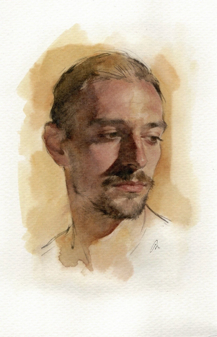 Male watercolor portrait, 5.5 × 8.5 inches, with painted brown tones and gold accents on a cream background.