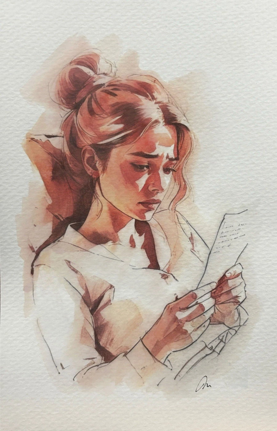 Woman in white blouse reading a handwritten note, 5.5 × 8.5 inch watercolor painting.