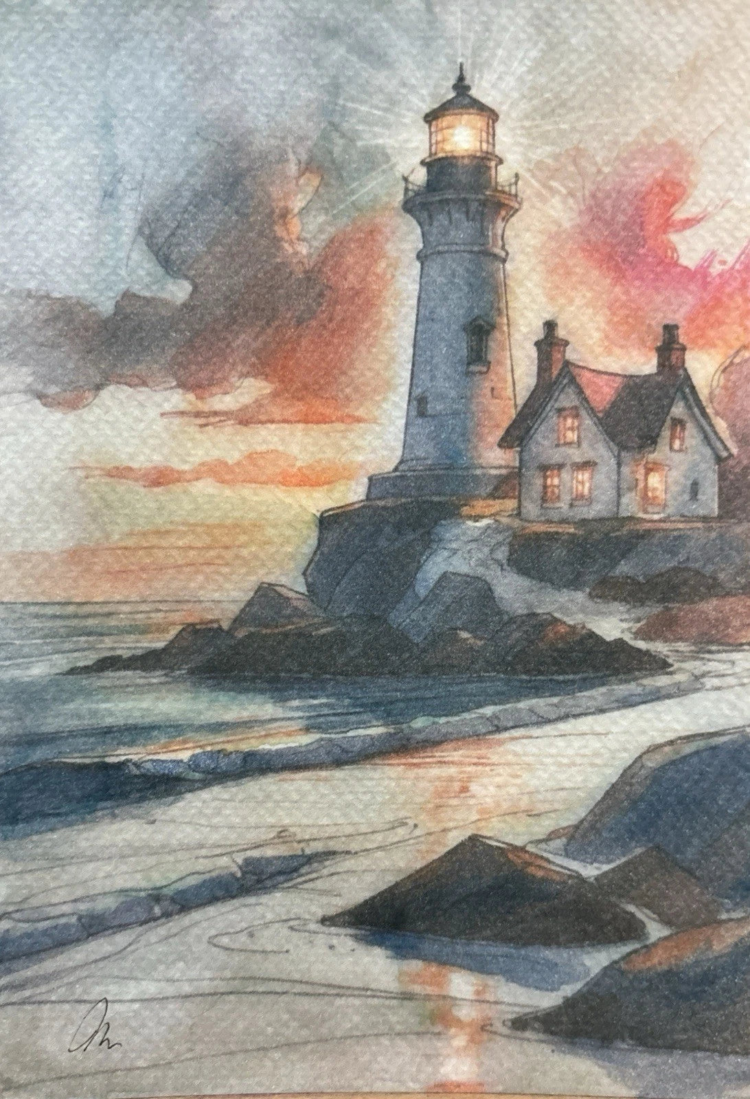 Lighthouse and coastal cottage at sunset sky with clouds, 5x7 inches watercolor painting.