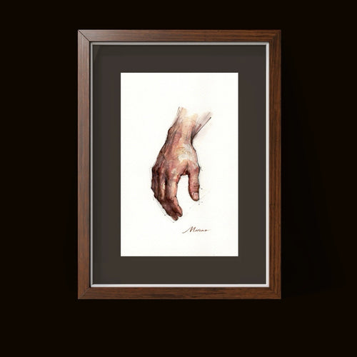Hand in brown tones on white with gold frame, labeled “Male Figure Hand” in lower right.